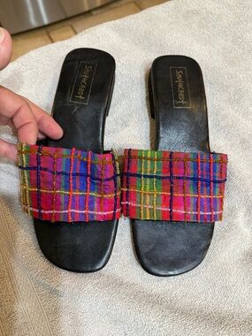 Beaded Plaid Slide Sandals - Multicolor